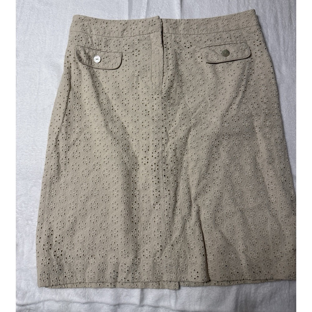 Willi Smith Womens Eyelet Skirt Size 8 Beige Tan Cotton Lined A-Line Midi
